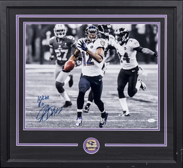 Jacoby Jones Signed Baltimore Ravens Action Photo In 27x25 Framed Display (JSA)